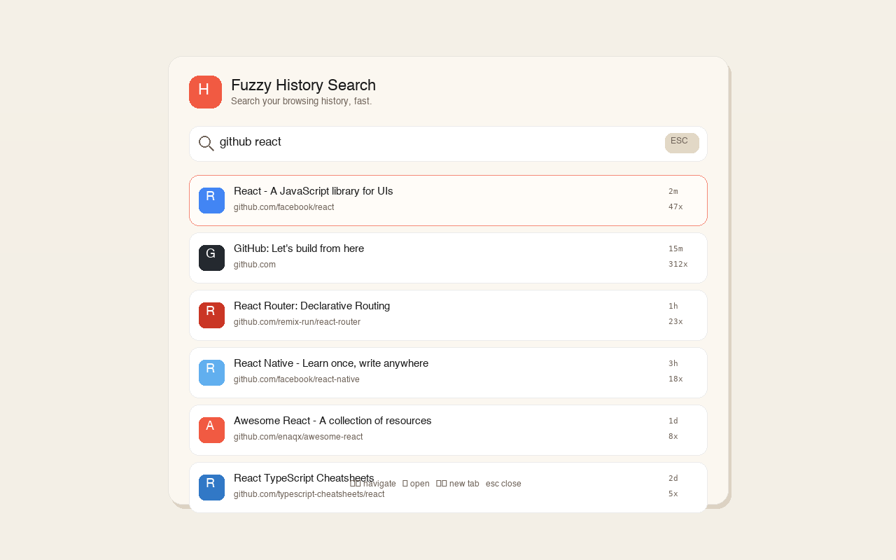 Fuzzy History Search popup window showing search results